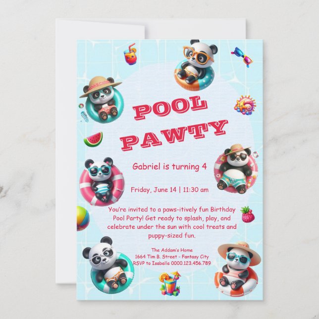 Cute Panda Pool Party Birthday Invitation Summer  (Front)