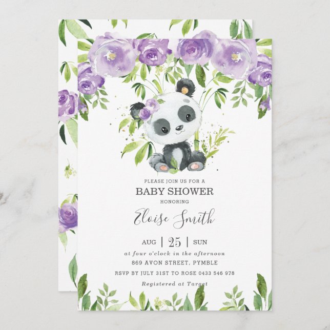 Cute Panda Purple Floral Greenery Baby Shower Girl Invitation (Front/Back)