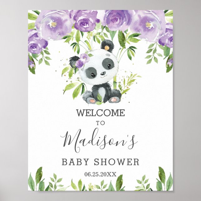 Cute Panda Purple Floral Greenery Bamboo Welcome   Poster (Front)