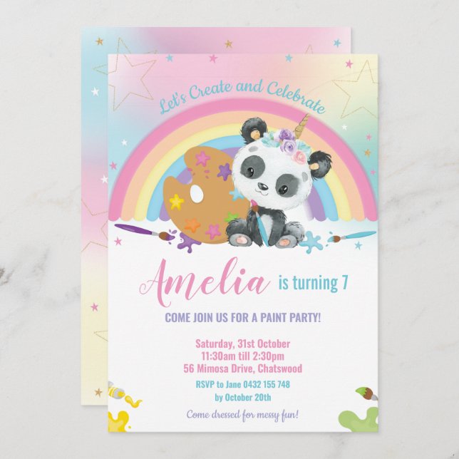 Cute Panda Rainbow Art Paint Birthday Party Girl Invitation (Front/Back)