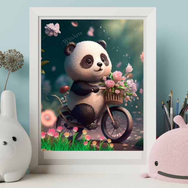 Cute Panda riding a Bicycle with flowers Art Poster (Creator Uploaded)