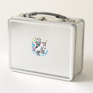 Cute Panda Riding Unicorn Girls Kids Women Rainbow Metal Lunch Box