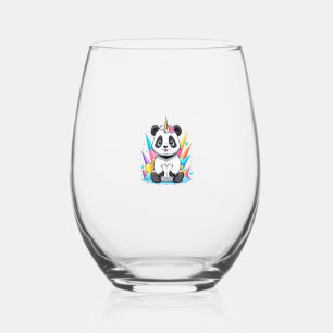 Cute Panda Riding Unicorn Girls Women Rainbow Tank Stemless Wine Glass