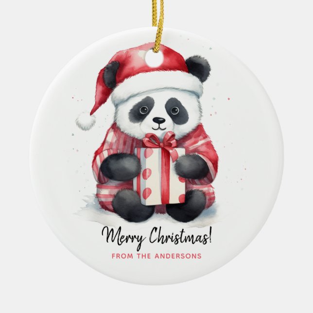 Cute Panda Santa Merry Christmas Ceramic Ornament (Front)