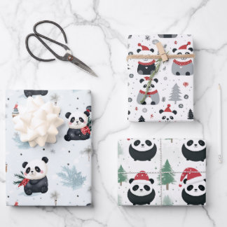Cute Panda Santa Winter holiday pattern Wrapping Paper Sheet