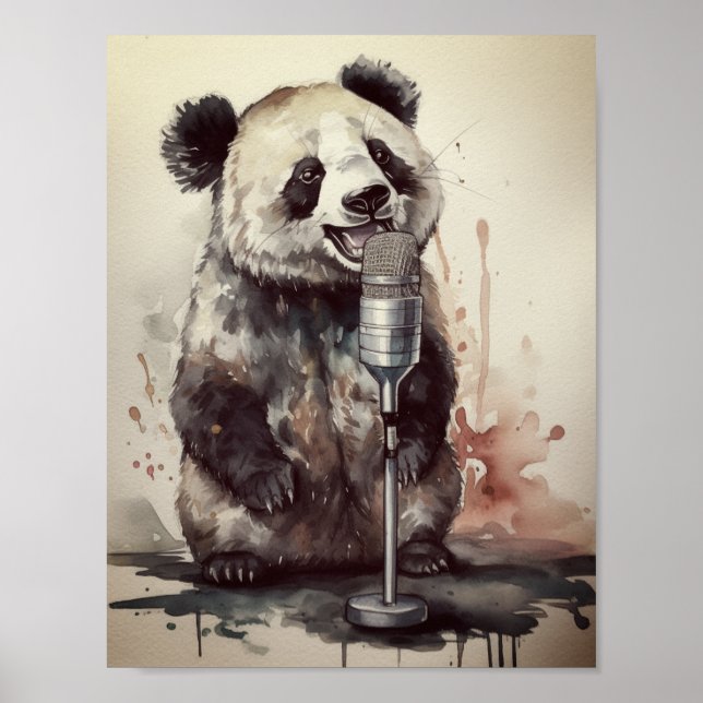 Cute panda singing through retro microphone poster (Front)