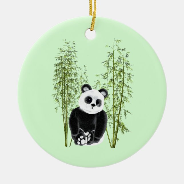Cute Panda Sitting in Bamboo Ceramic Ornament (Front)