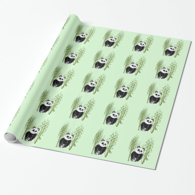 Cute Panda Sitting in Bamboo Wrapping Paper (Unrolled)