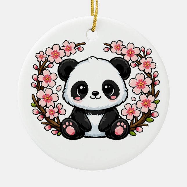 Cute Panda Sitting in Cherry Blossoms Ceramic Ornament (Front)
