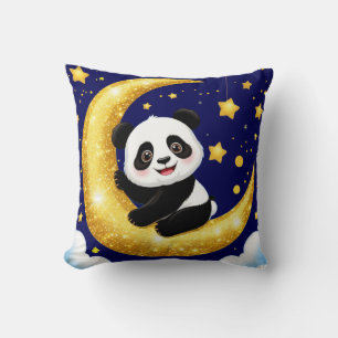 Cute Panda Sitting on a Golden Crescent Moon Cushion