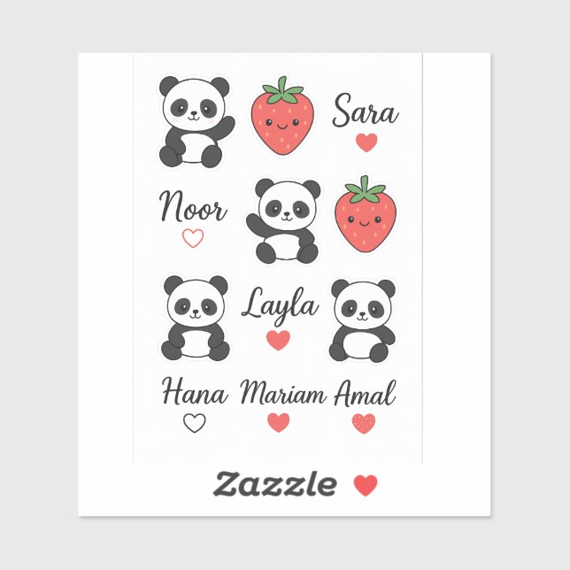 Cute Panda, Strawberry & Custom Name Heart Sticker (Sheet)