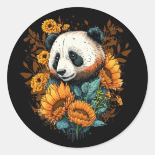Cute Panda Sunflower Lover Drawing Art Classic Round Sticker
