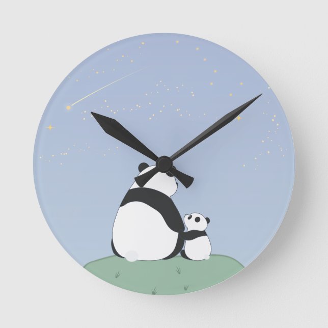 Cute Panda Under Stars Round Clock (Front)
