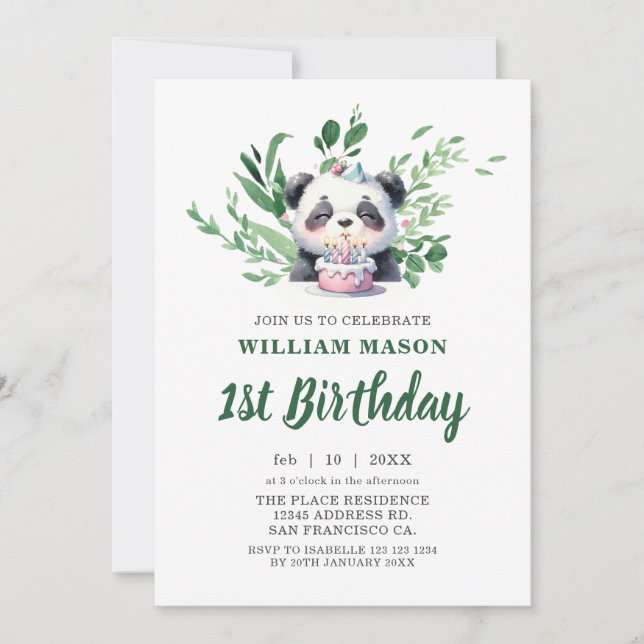 Cute Panda Watercolor Greenery 1st Birthday Invitation (Front)