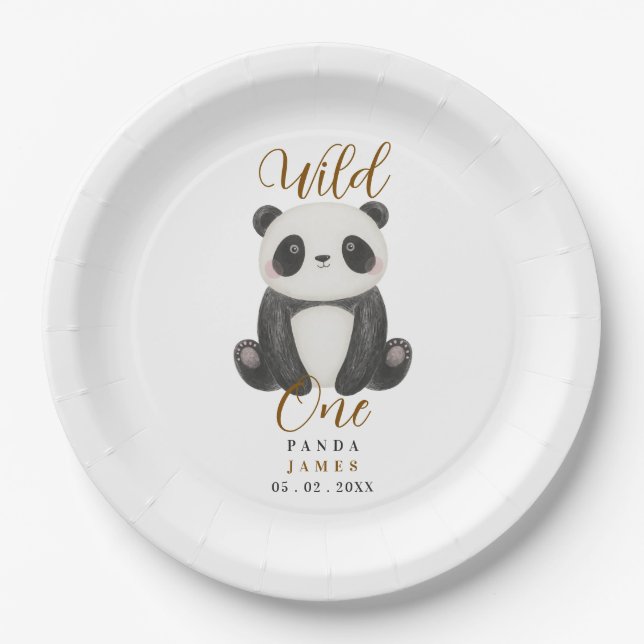 cute panda wild first one birthday  paper plate (Front)