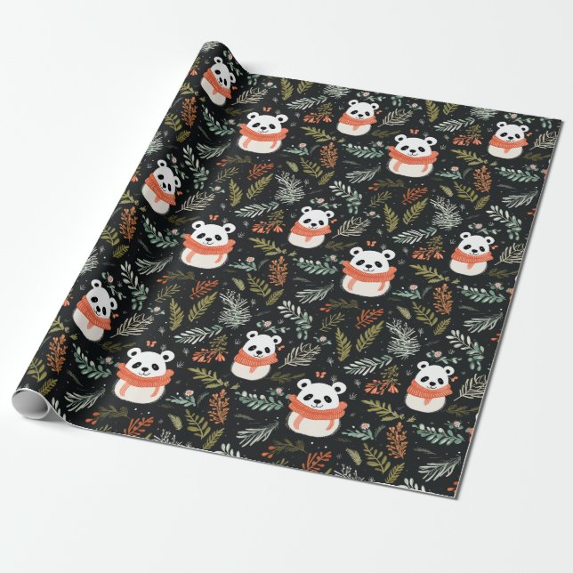 Cute Panda Winter holiday  pattern  Wrapping Paper (Unrolled)