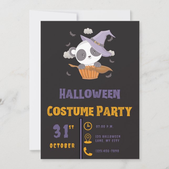 Cute Panda Witch Clouds Bats Black Halloween Invitation (Front)