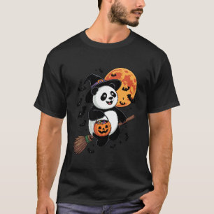 Cute Panda Witch Riding Broom Halloween Pumpkin Ki T-Shirt