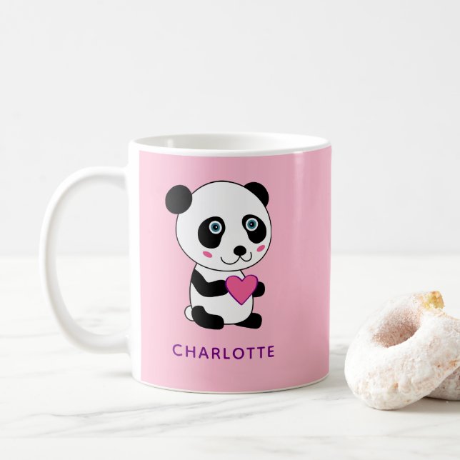 Cute Panda with a Pink Heart + Name Coffee Mug (With Donut)