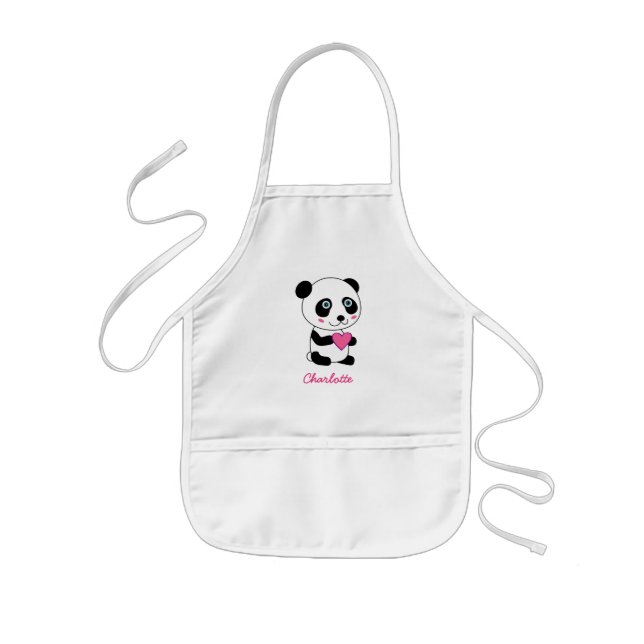 Cute Panda with a Pink Heart Personalised Kids Apron (Front)