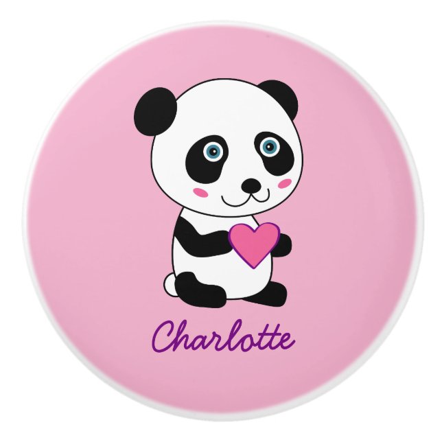 Cute Panda with a Pink Heart Personalised Name Ceramic Knob (Front)