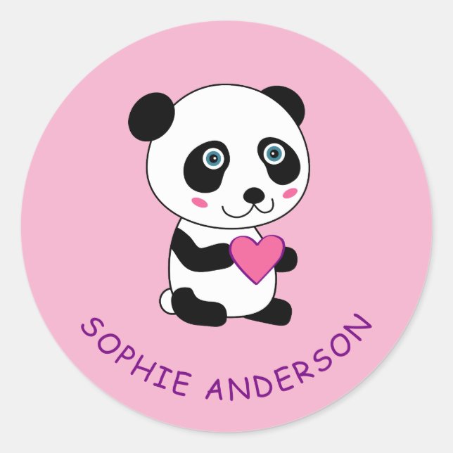 Cute Panda with a Pink Heart Personalised Name  Classic Round Sticker (Front)