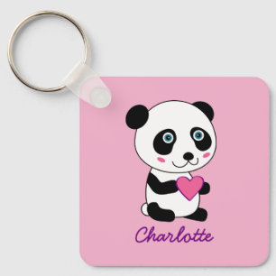 Cute Panda with a Pink Heart Personalised Name  Key Ring