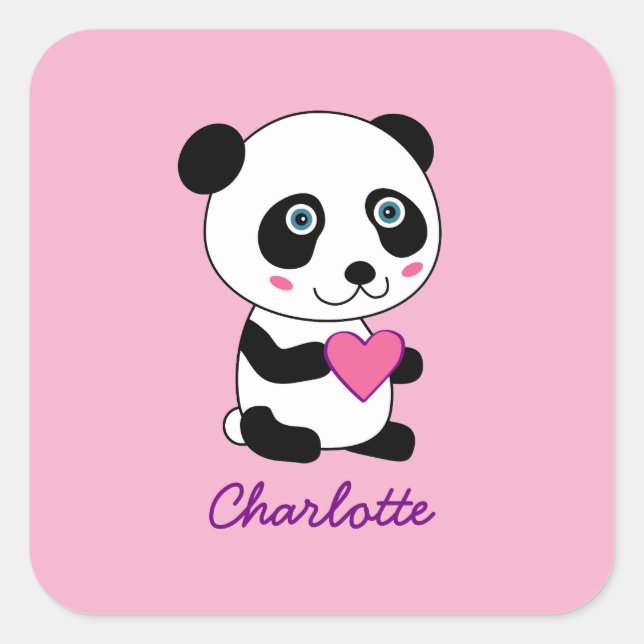 Cute Panda with a Pink Heart Personalised Name Square Sticker (Front)