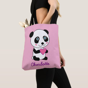 Cute Panda with a Pink Heart Personalised Name  Tote Bag