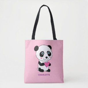 Cute Panda with a Pink Heart Personalised Name Tote Bag