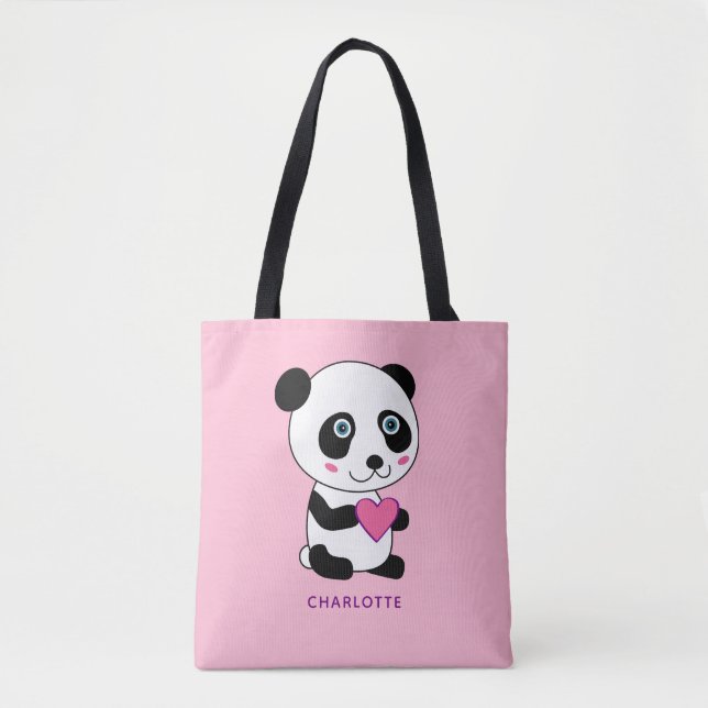 Cute Panda with a Pink Heart Personalised Name  Tote Bag (Front)