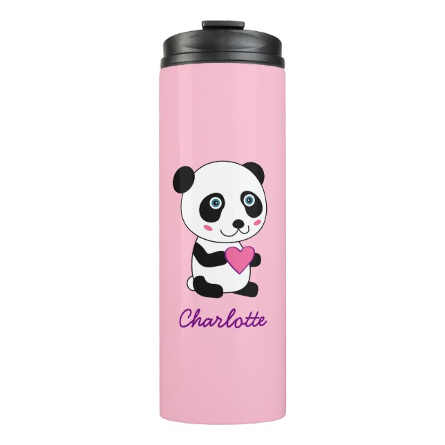 Cute Panda with a Pink Heart Personalised Thermal Tumbler (Front)