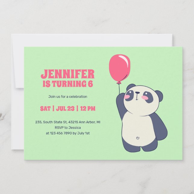 Cute Panda With Balloon Cartoon Kids Birthday Invitation (Front)