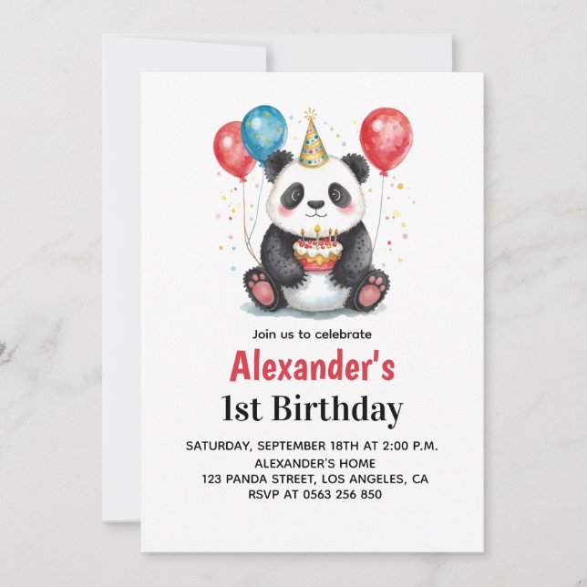 Cute Panda with Balloons & Cake 1st birthday Invitation (Front)