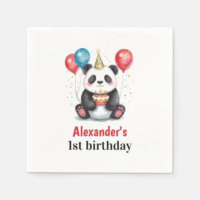 Cute Panda with Balloons & Cake 1st birthday Napkin (Front)