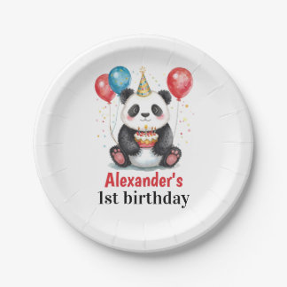 Cute Panda with Balloons & Cake 1st birthday Paper Plate