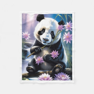 Cute Panda with Pink Lotus Flowers Blanket