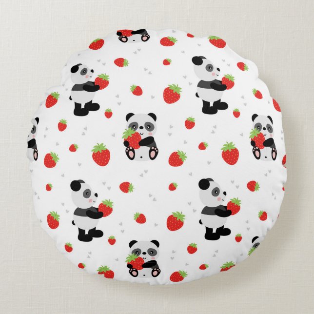 Cute panda with strawberry round cushion (Front)