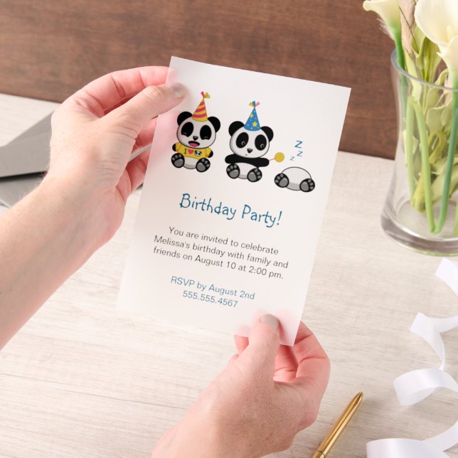 Cute Pandas Birthday Party Vellum Invitations (Handheld)