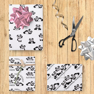 Cute Pandas Black and White Pattern Personalized 3 Wrapping Paper Sheet
