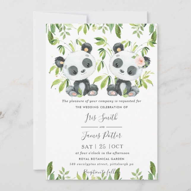 Cute Pandas Green Bamboo Greenery Wedding  Invitation (Front)