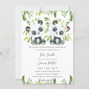 Cute Pandas Green Bamboo Greenery Wedding  Invitation