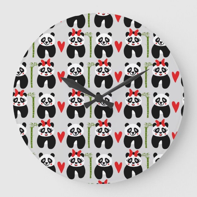 Cute Pandas Hearts: Children's Pattern Large Clock (Front)