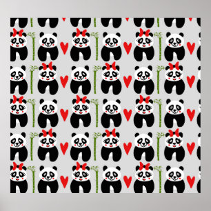 Cute Pandas Hearts: Children's Pattern Poster