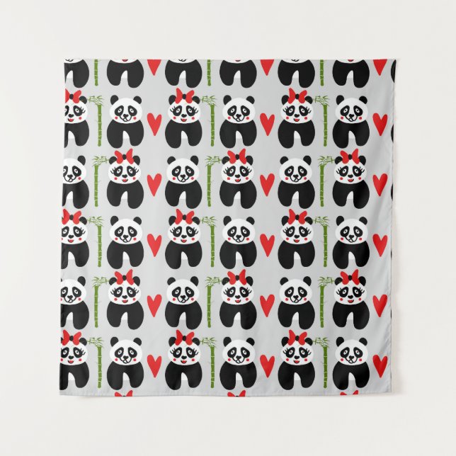 Cute Pandas Hearts: Children's Pattern Tapestry (Front)