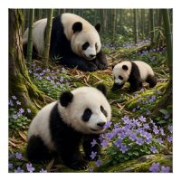 Cute Pandas In Enchanted Green Forest Nature Scene
