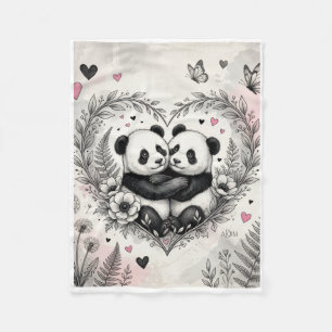 Cute Pandas In Floral Heart Wreath Fleece Blanket