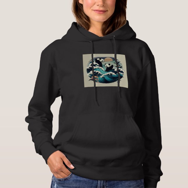 Cute pandas surfing the Japanese great wave sunset Hoodie (Front)