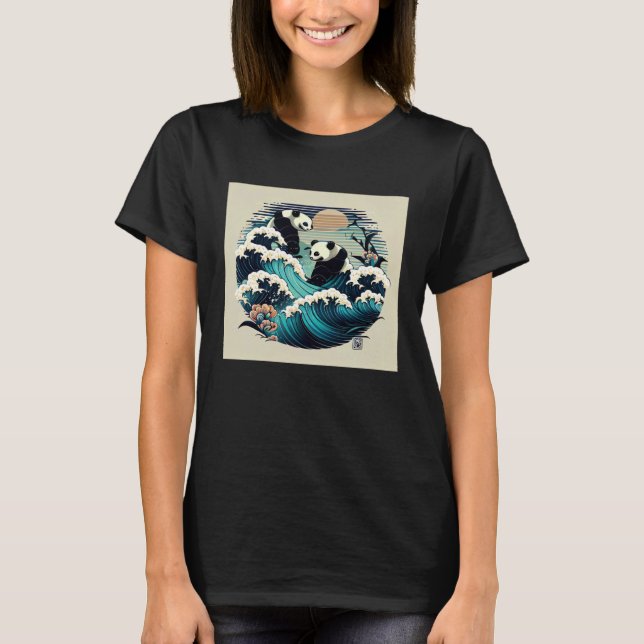 Cute pandas surfing the Japanese great wave sunset T-Shirt (Front)
