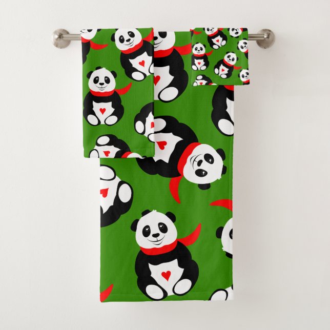 Cute Pandas with British Bowler Hats & Red Scarves Bath Towel Set (Insitu)